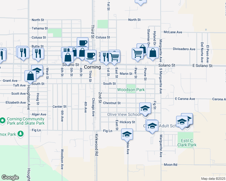 map of restaurants, bars, coffee shops, grocery stores, and more near 817 South St in Corning