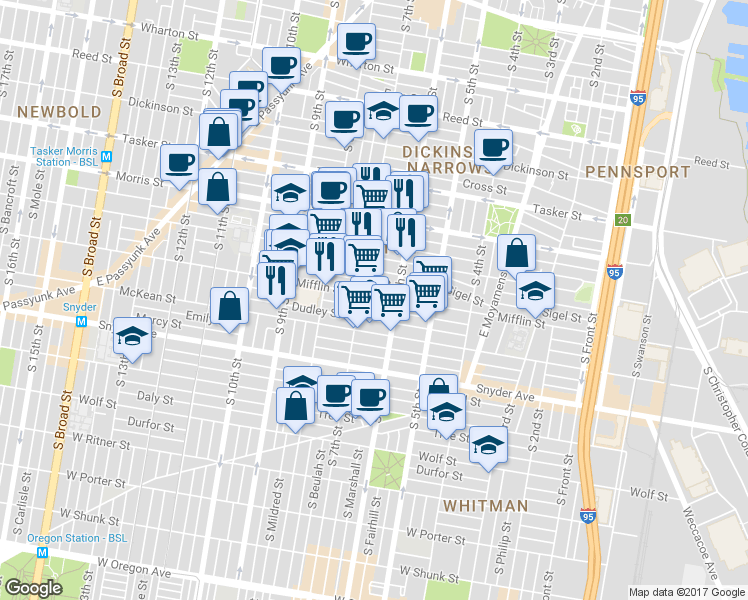map of restaurants, bars, coffee shops, grocery stores, and more near 630 Mifflin Street in Philadelphia