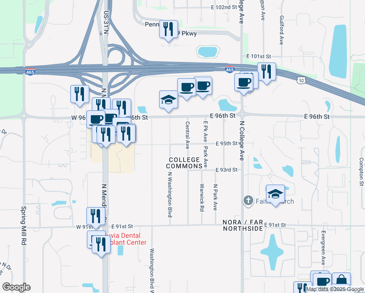 map of restaurants, bars, coffee shops, grocery stores, and more near 9502 Central Avenue in Indianapolis