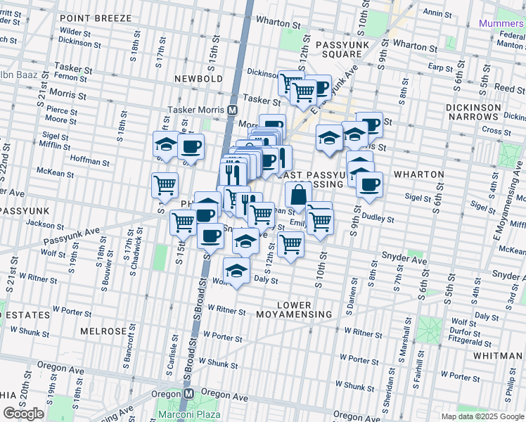 map of restaurants, bars, coffee shops, grocery stores, and more near 1228 McKean Street in Philadelphia