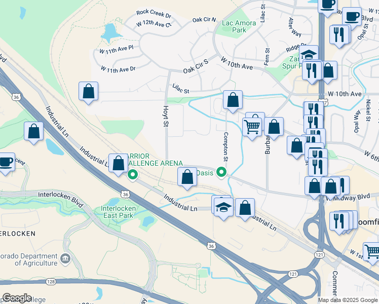 map of restaurants, bars, coffee shops, grocery stores, and more near 2555 West Midway Boulevard in Broomfield