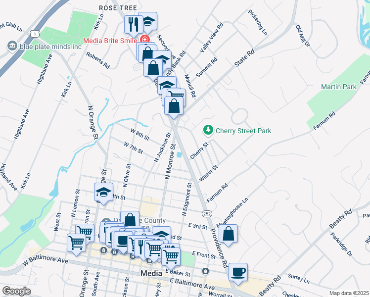 map of restaurants, bars, coffee shops, grocery stores, and more near 711 North Providence Road in Media
