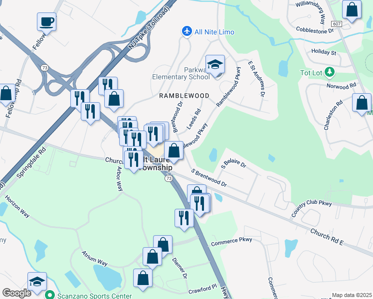 map of restaurants, bars, coffee shops, grocery stores, and more near 103 Ramblewood Parkway in Mount Laurel Township