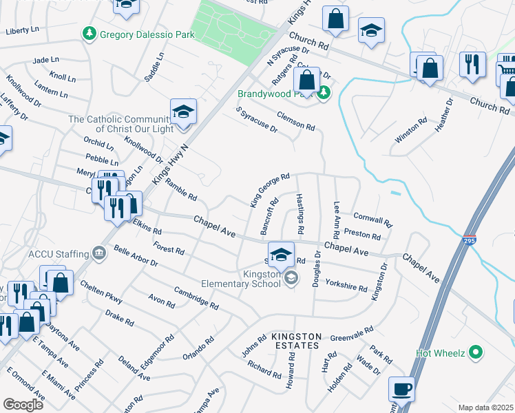 map of restaurants, bars, coffee shops, grocery stores, and more near 523 King George Road in Cherry Hill