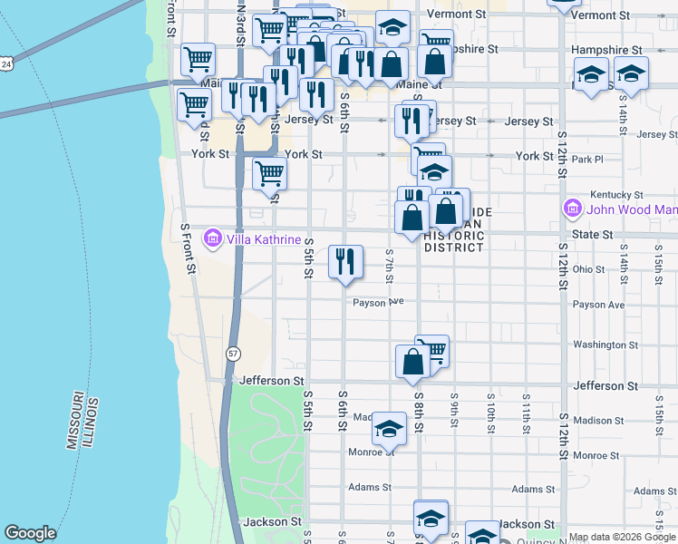 map of restaurants, bars, coffee shops, grocery stores, and more near 550-598 S 6th St in Quincy
