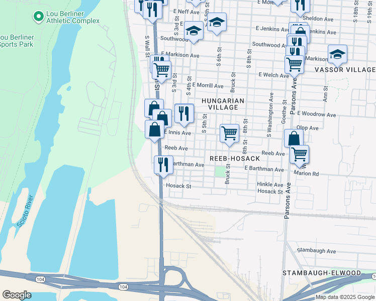 map of restaurants, bars, coffee shops, grocery stores, and more near 1779 South 4th Street in Columbus
