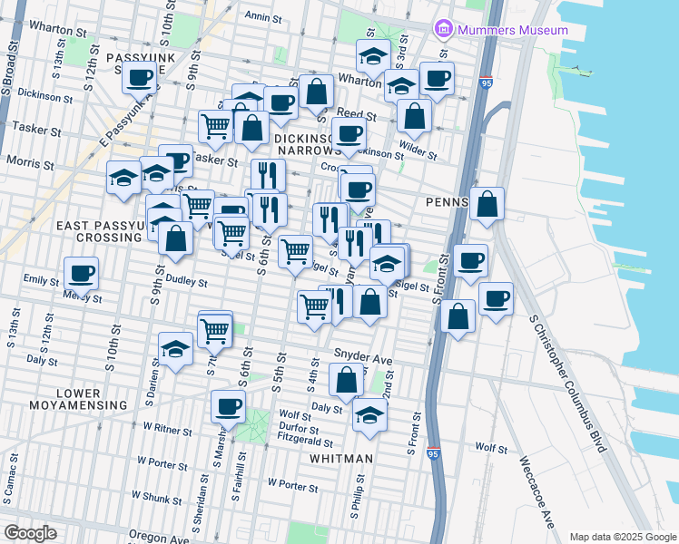 map of restaurants, bars, coffee shops, grocery stores, and more near 303 Sigel Street in Philadelphia