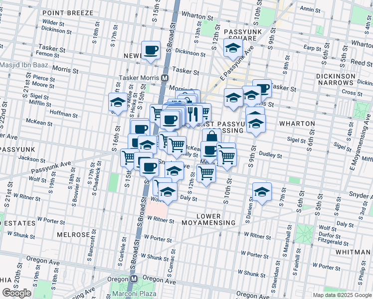 map of restaurants, bars, coffee shops, grocery stores, and more near 1228 McKean Street in Philadelphia