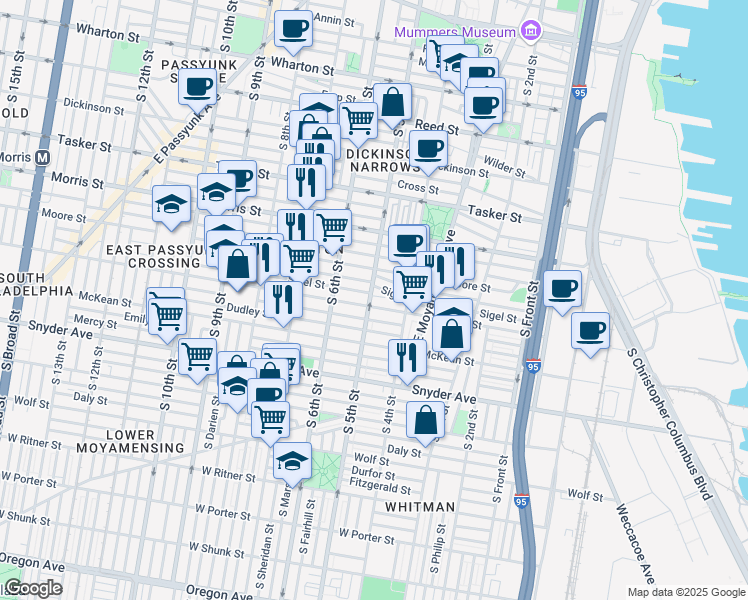 map of restaurants, bars, coffee shops, grocery stores, and more near 1831 South 5th Street in Philadelphia