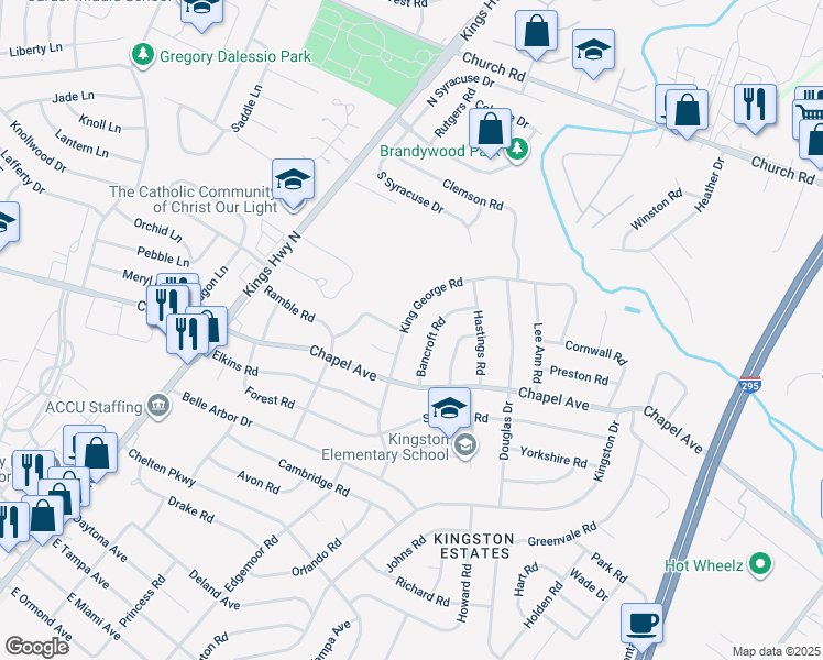 map of restaurants, bars, coffee shops, grocery stores, and more near 523 King George Road in Cherry Hill