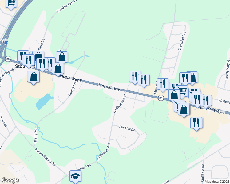 map of restaurants, bars, coffee shops, grocery stores, and more near 1449 Lincoln Way East in Chambersburg