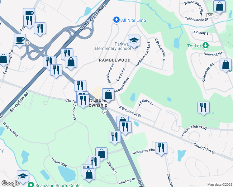 map of restaurants, bars, coffee shops, grocery stores, and more near 103 Ramblewood Parkway in Mount Laurel Township