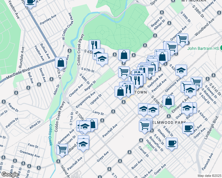 map of restaurants, bars, coffee shops, grocery stores, and more near 2030 South 67th Street in Philadelphia