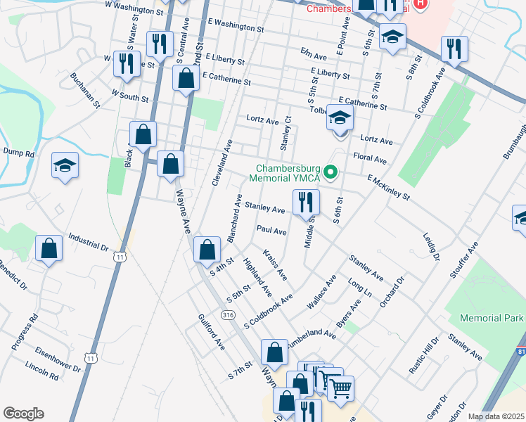 map of restaurants, bars, coffee shops, grocery stores, and more near 818 South 4th Street in Chambersburg