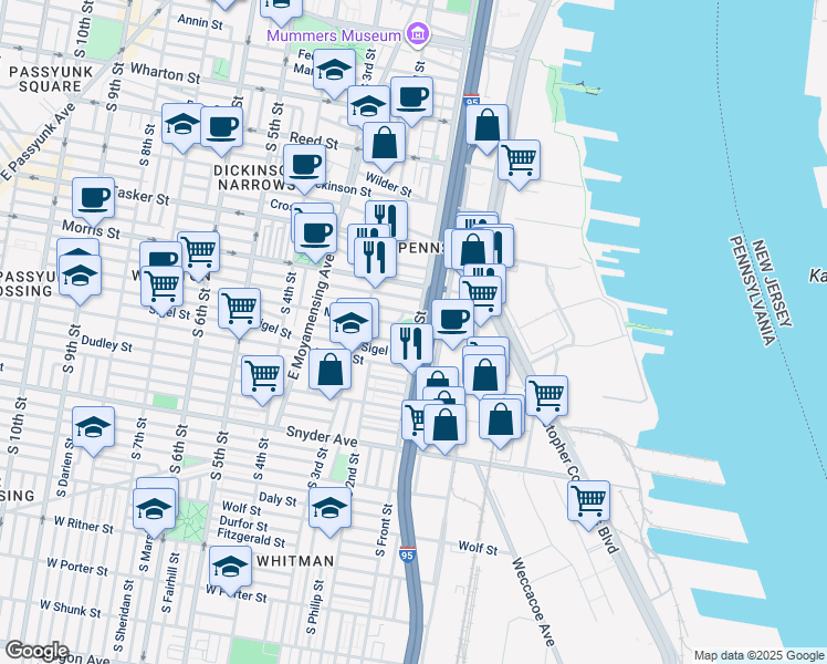 map of restaurants, bars, coffee shops, grocery stores, and more near 1804 South Front Street in Philadelphia