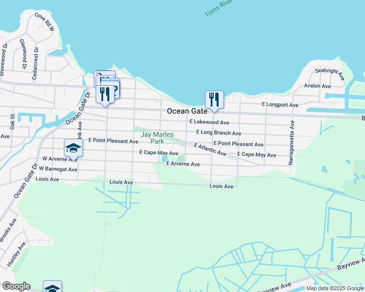 map of restaurants, bars, coffee shops, grocery stores, and more near 716 Stone Harbor Avenue in Ocean Gate