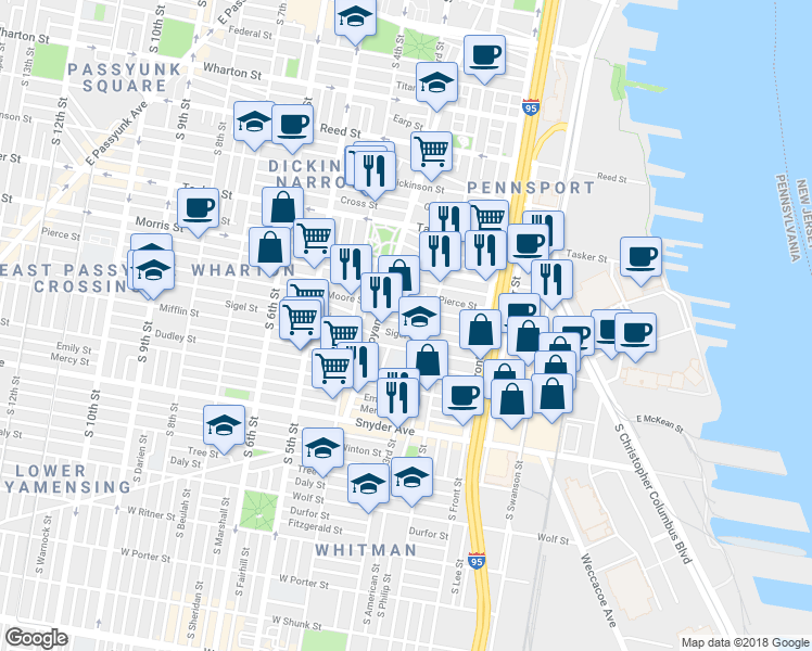 map of restaurants, bars, coffee shops, grocery stores, and more near 226 McClellan Street in Philadelphia