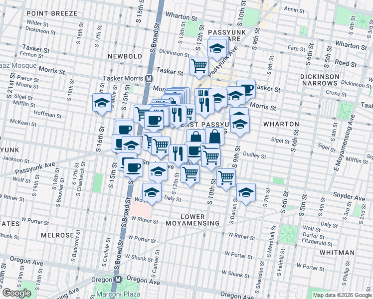 map of restaurants, bars, coffee shops, grocery stores, and more near 1927 South Sartain Street in Philadelphia