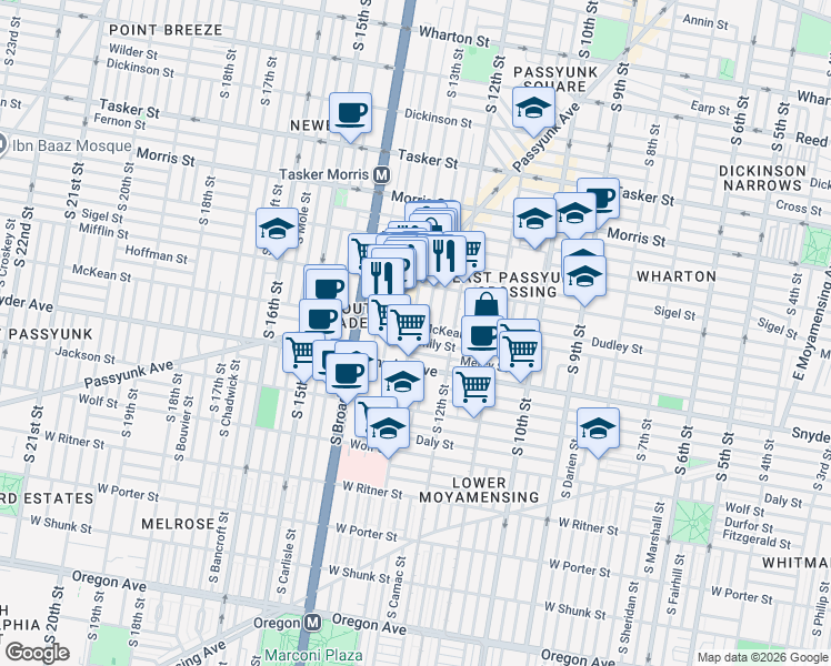 map of restaurants, bars, coffee shops, grocery stores, and more near in Philadelphia