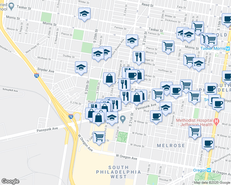 map of restaurants, bars, coffee shops, grocery stores, and more near 2257 Winton Street in Philadelphia