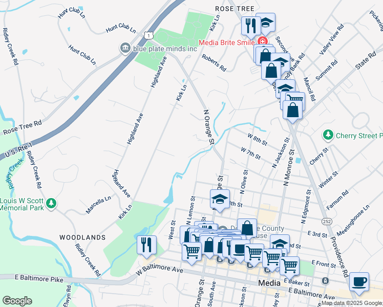 map of restaurants, bars, coffee shops, grocery stores, and more near 604 North Lemon Street in Media