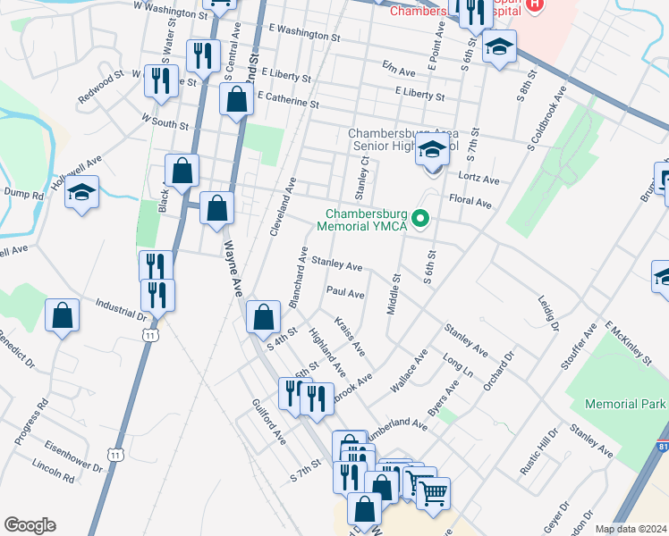 map of restaurants, bars, coffee shops, grocery stores, and more near 747 South 4th Street in Chambersburg