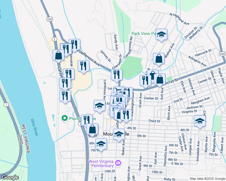 map of restaurants, bars, coffee shops, grocery stores, and more near 808 1st Street in Moundsville