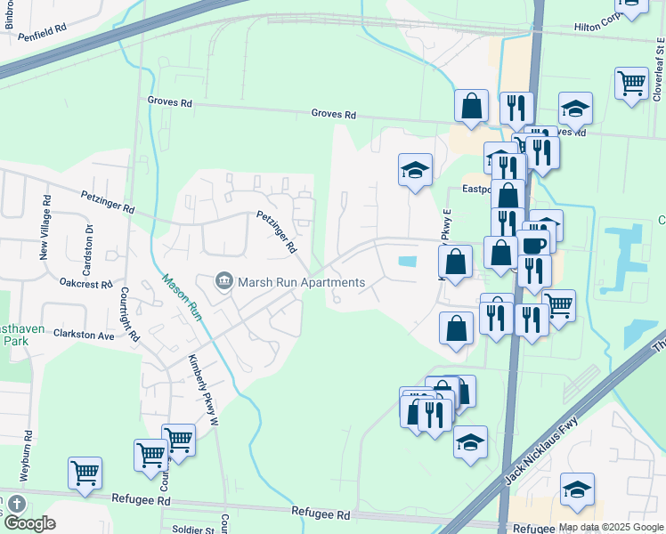 map of restaurants, bars, coffee shops, grocery stores, and more near 2285 Muirwood Drive in Columbus