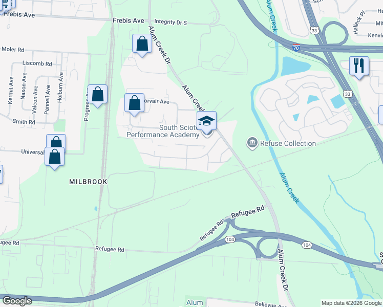 map of restaurants, bars, coffee shops, grocery stores, and more near 2143 Winslow Drive in Columbus