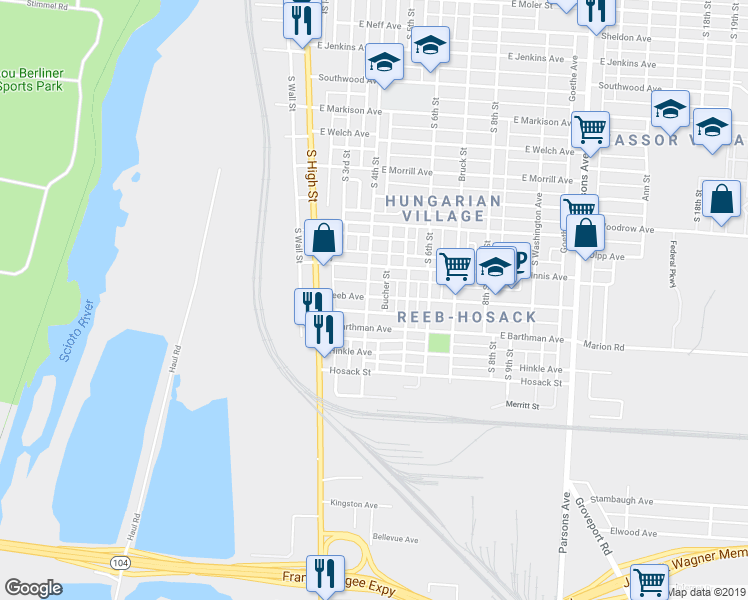 map of restaurants, bars, coffee shops, grocery stores, and more near 1779 South 4th Street in Columbus