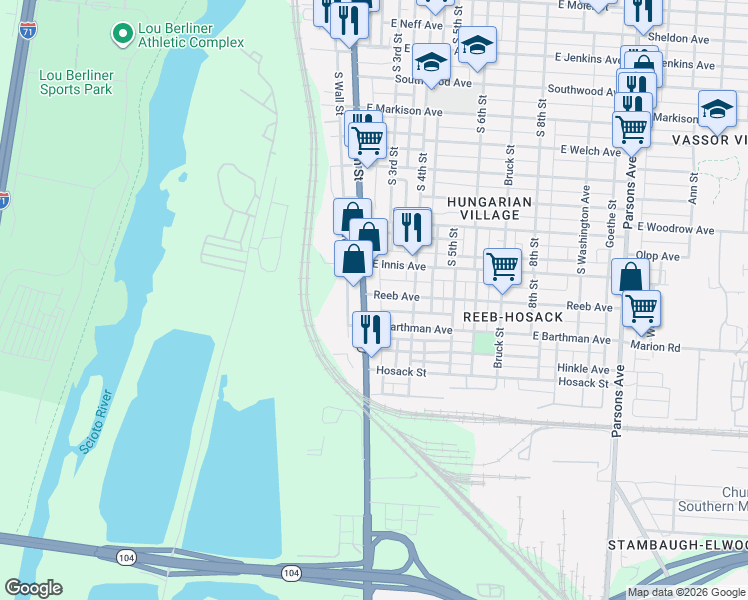 map of restaurants, bars, coffee shops, grocery stores, and more near 14 Reeb Avenue in Columbus