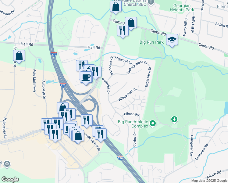 map of restaurants, bars, coffee shops, grocery stores, and more near 4506 White Tree Court in Columbus