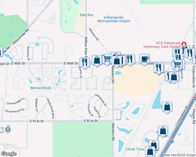 map of restaurants, bars, coffee shops, grocery stores, and more near 9489 Colony Pointe East Drive in Indianapolis