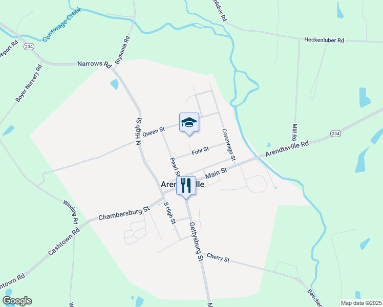 map of restaurants, bars, coffee shops, grocery stores, and more near 122 Fohl Street in Biglerville