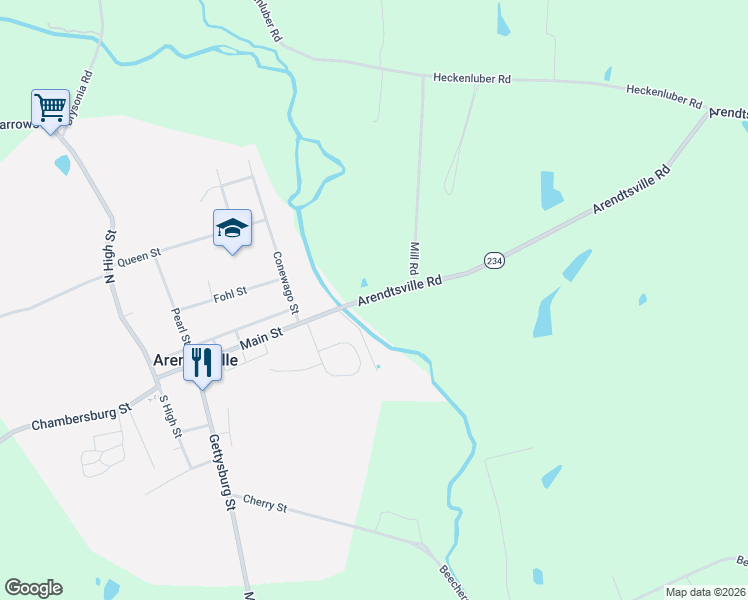map of restaurants, bars, coffee shops, grocery stores, and more near 1239 Arendtsville Road in Biglerville