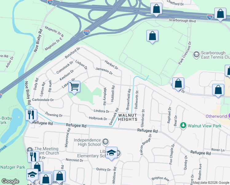 map of restaurants, bars, coffee shops, grocery stores, and more near 2588 Hubbell Road in Columbus