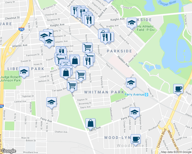 map of restaurants, bars, coffee shops, grocery stores, and more near 1332 Jackson Street in Camden