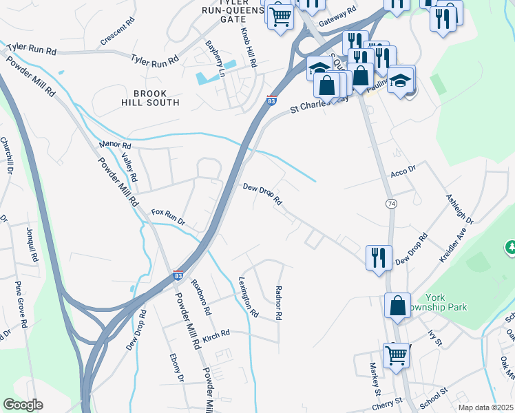 map of restaurants, bars, coffee shops, grocery stores, and more near 226 Oak Ridge Drive in York