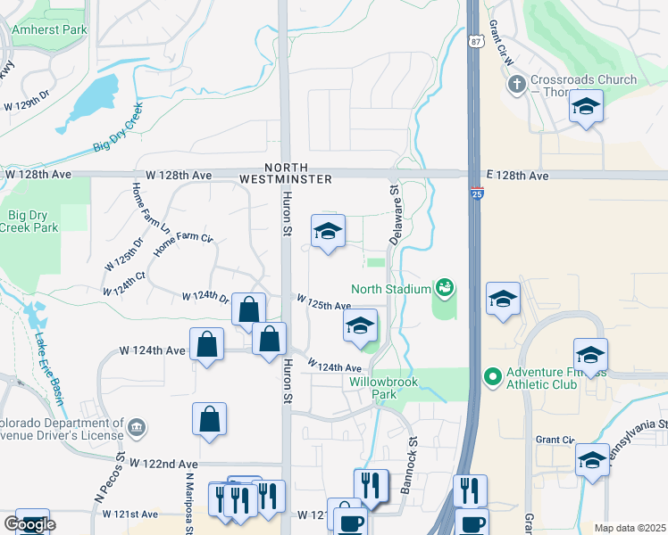 map of restaurants, bars, coffee shops, grocery stores, and more near 12500 Huron Street in Denver