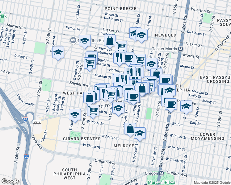 map of restaurants, bars, coffee shops, grocery stores, and more near 2107 South 19th Street in Philadelphia
