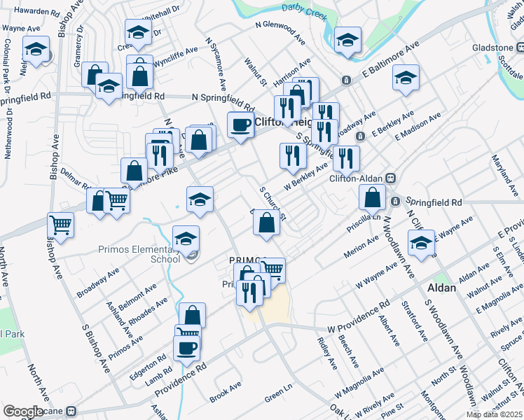 map of restaurants, bars, coffee shops, grocery stores, and more near 227 Borough Road in Delaware County