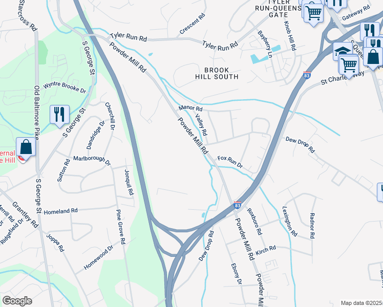 map of restaurants, bars, coffee shops, grocery stores, and more near 1752 Powder Mill Road in York