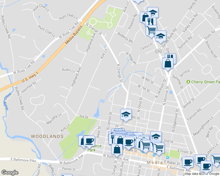map of restaurants, bars, coffee shops, grocery stores, and more near 606 North Lemon Street in Media