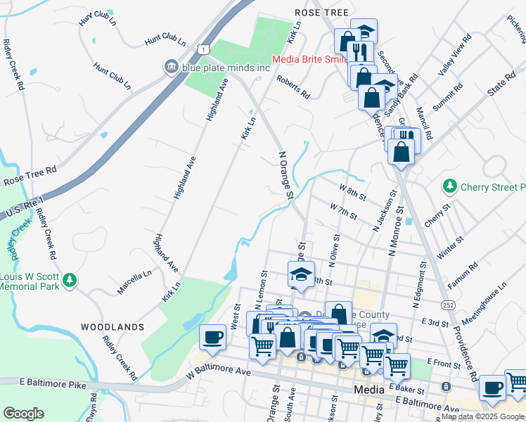map of restaurants, bars, coffee shops, grocery stores, and more near 606 North Lemon Street in Media