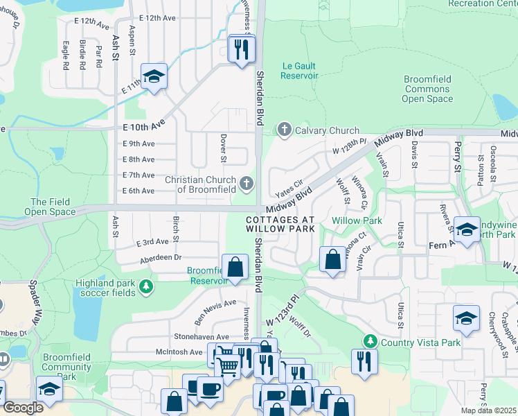map of restaurants, bars, coffee shops, grocery stores, and more near East Midway Boulevard in Broomfield