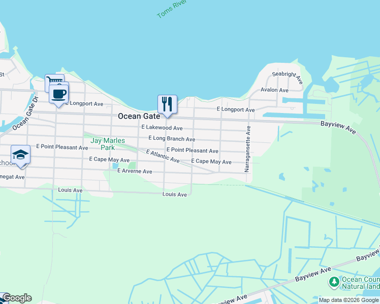 map of restaurants, bars, coffee shops, grocery stores, and more near 437 East Point Pleasant Avenue in Ocean Gate