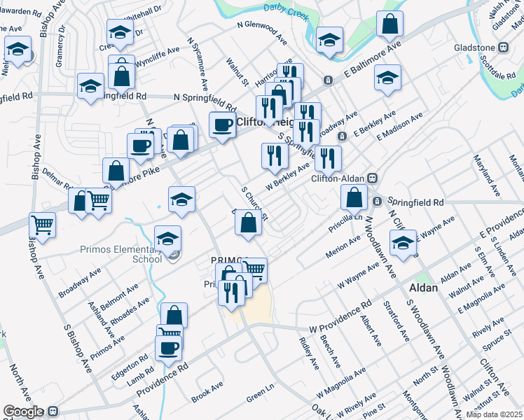 map of restaurants, bars, coffee shops, grocery stores, and more near 409 South Church Street in Clifton Heights