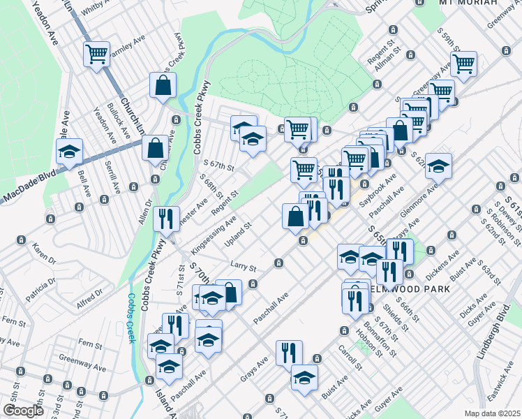 map of restaurants, bars, coffee shops, grocery stores, and more near 6721 Upland Street in Philadelphia