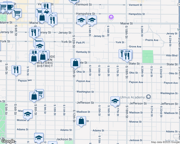 map of restaurants, bars, coffee shops, grocery stores, and more near 599 S 14th St in Quincy