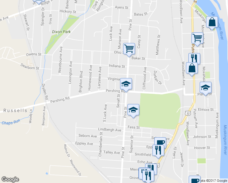map of restaurants, bars, coffee shops, grocery stores, and more near 923 Pershing Road in Zanesville